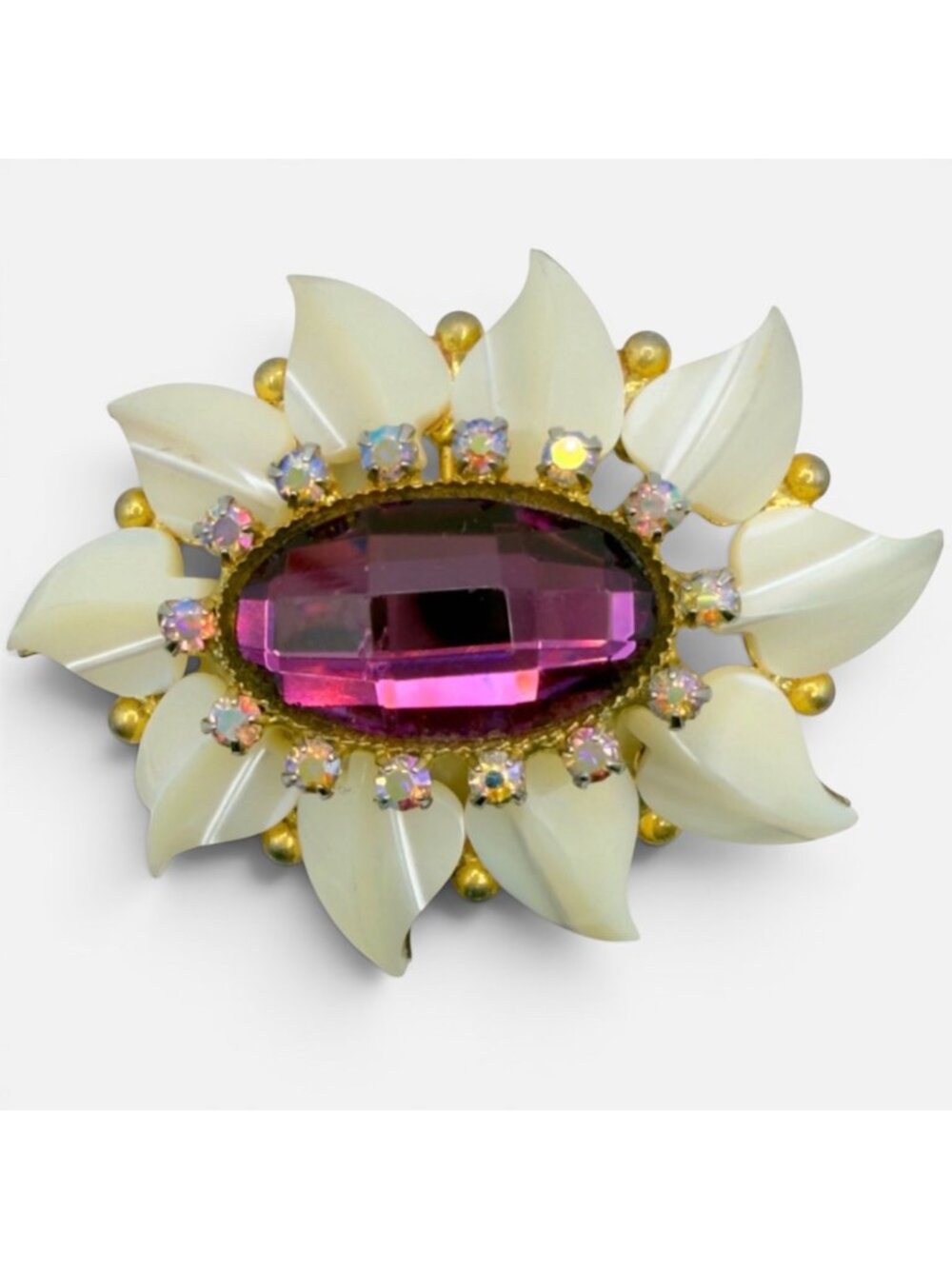Vintage Lucite Petal Brooch Pin Purple Faceted Glass Aurora Borealis Rhinestones